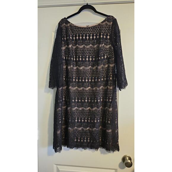 Jessica Howard Womens 16 Sheath Dress Scalloped Black Lace Overlay 3/4 Sleeves - Picture 2 of 8
